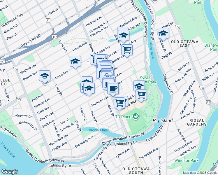 map of restaurants, bars, coffee shops, grocery stores, and more near in Ottawa