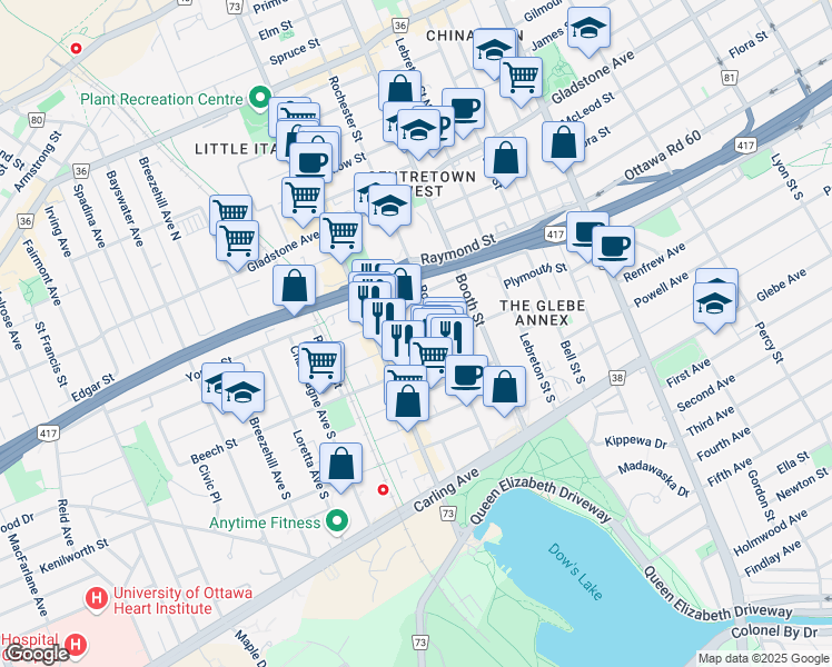 map of restaurants, bars, coffee shops, grocery stores, and more near in Ottawa