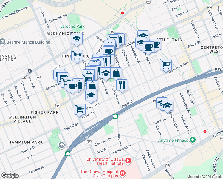 map of restaurants, bars, coffee shops, grocery stores, and more near 11 Saint Francis Street in Ottawa