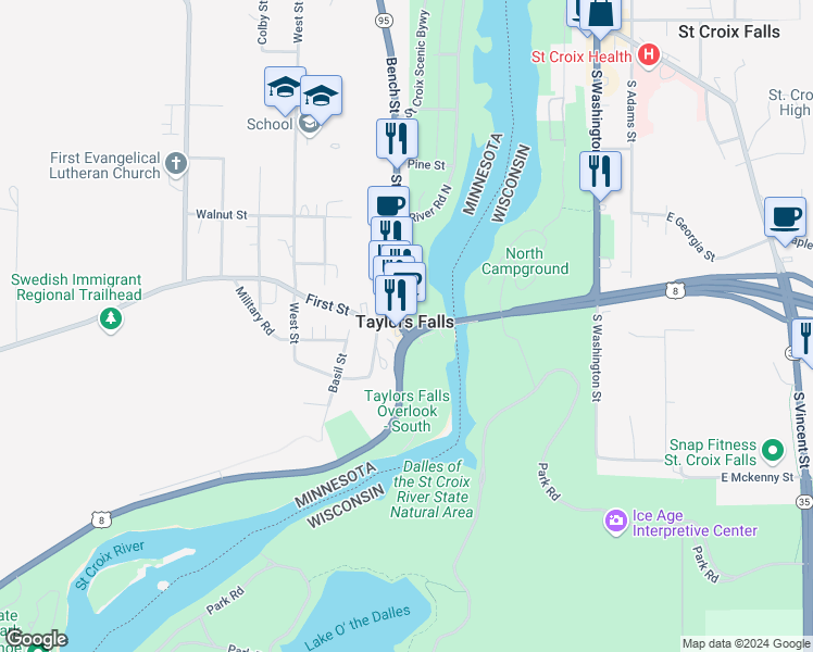 map of restaurants, bars, coffee shops, grocery stores, and more near in Taylors Falls