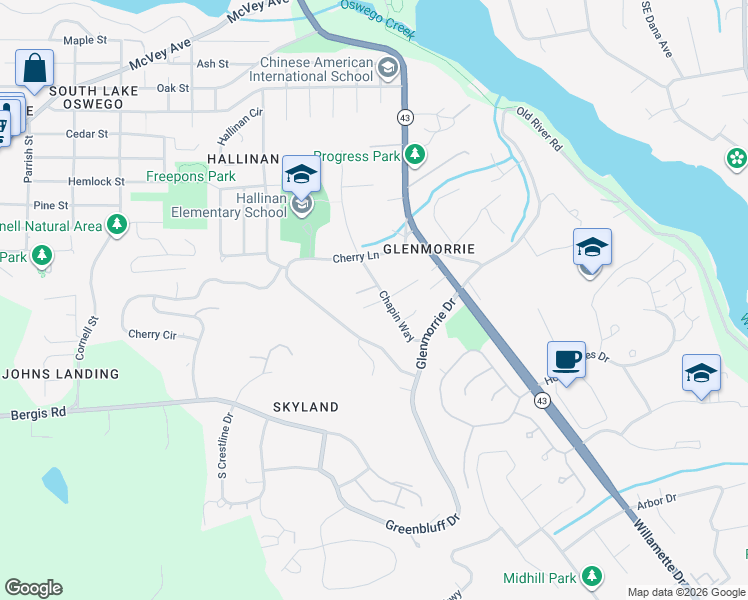 map of restaurants, bars, coffee shops, grocery stores, and more near 17085 Chapin Way in Lake Oswego