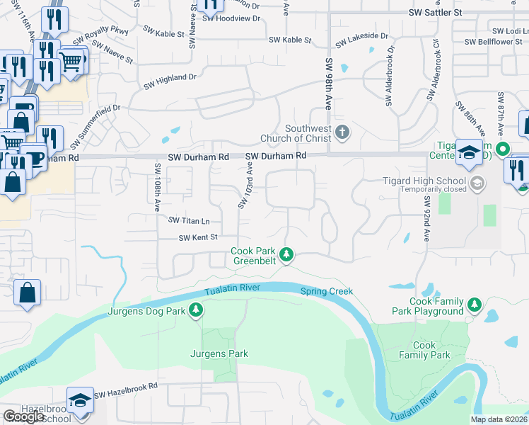 map of restaurants, bars, coffee shops, grocery stores, and more near 16335 Southwest Sylvan Court in Tigard
