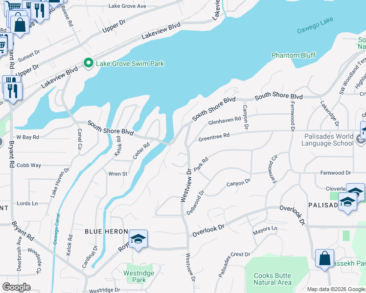 map of restaurants, bars, coffee shops, grocery stores, and more near 2991 Glenhaven Road in Lake Oswego