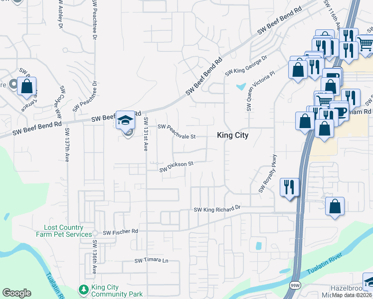map of restaurants, bars, coffee shops, grocery stores, and more near 12793 Southwest Overgaard Street in Tigard