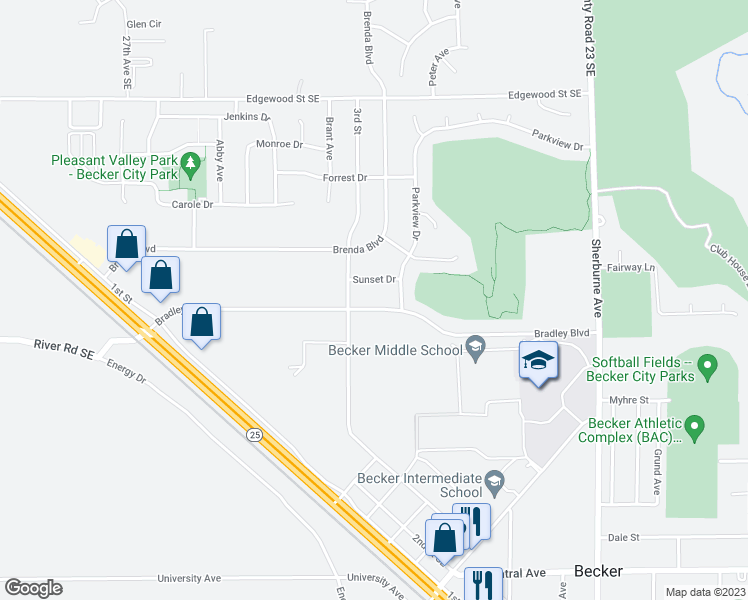 map of restaurants, bars, coffee shops, grocery stores, and more near 13560 Bradley Boulevard in Becker