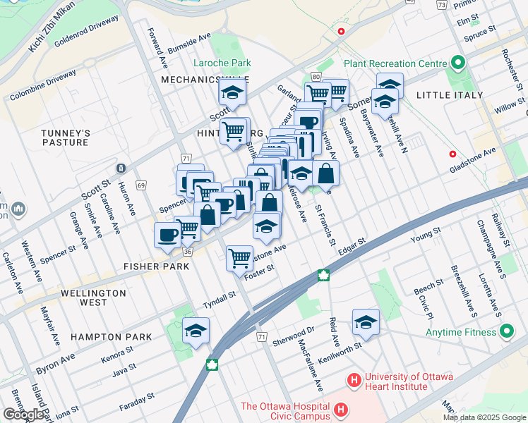 map of restaurants, bars, coffee shops, grocery stores, and more near 10 Rosemount Avenue in Ottawa