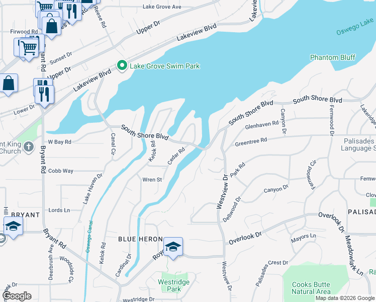 map of restaurants, bars, coffee shops, grocery stores, and more near 17138 Cedar Road in Lake Oswego