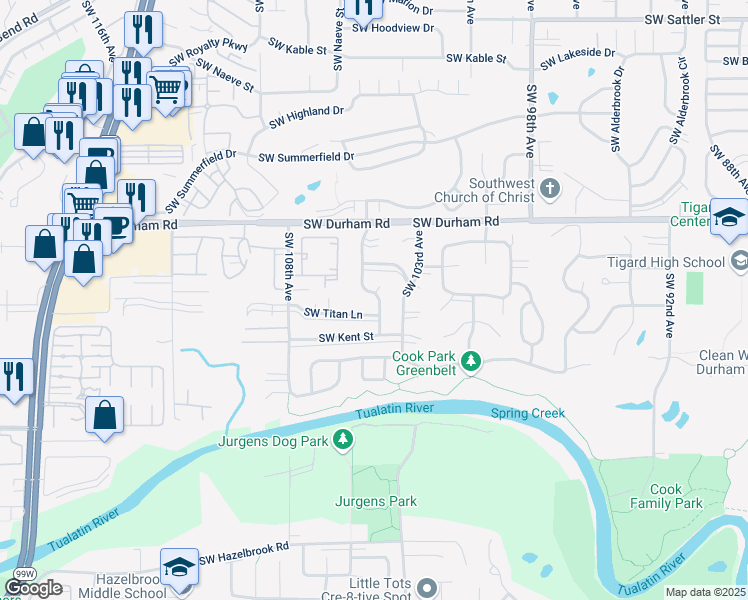map of restaurants, bars, coffee shops, grocery stores, and more near 16309 Southwest 104th Avenue in Tigard