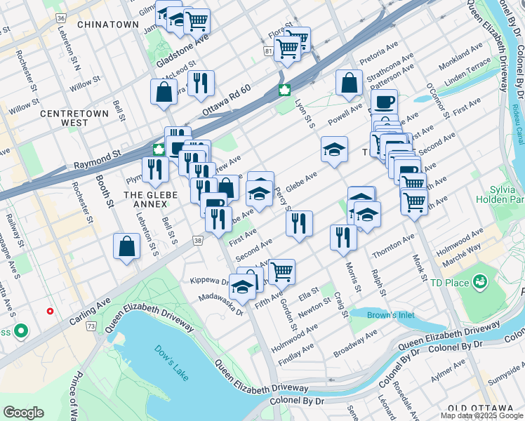 map of restaurants, bars, coffee shops, grocery stores, and more near 212 Glebe Avenue in Ottawa