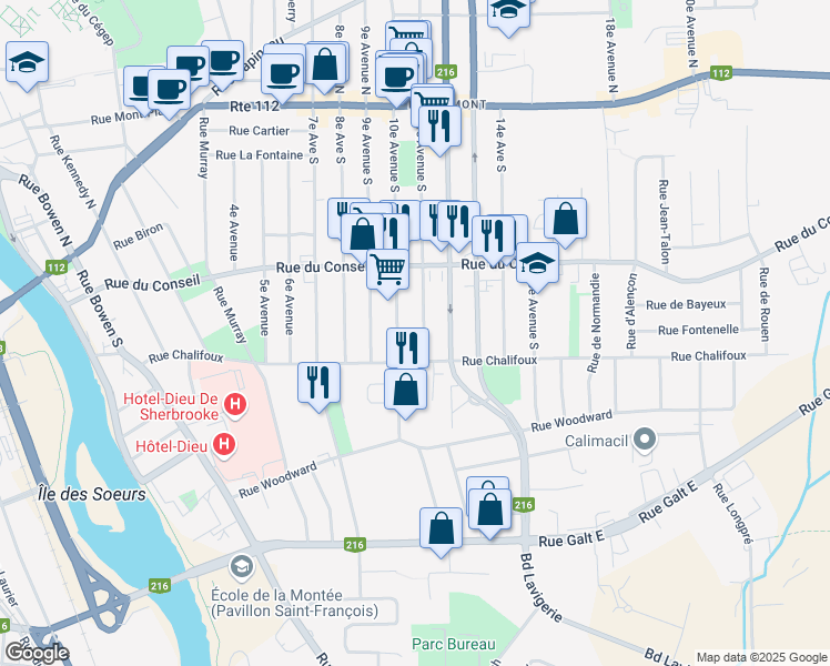 map of restaurants, bars, coffee shops, grocery stores, and more near 405 11e Avenue Sud in Sherbrooke