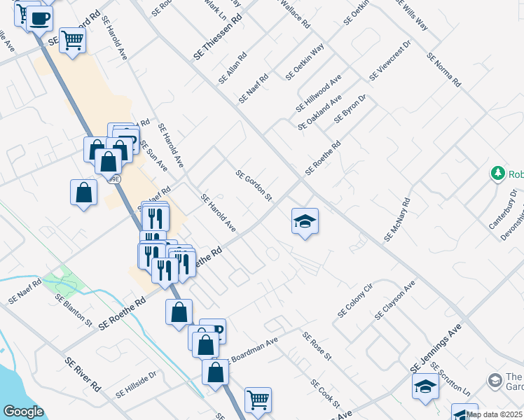 map of restaurants, bars, coffee shops, grocery stores, and more near Southeast Roethe Road in Milwaukie