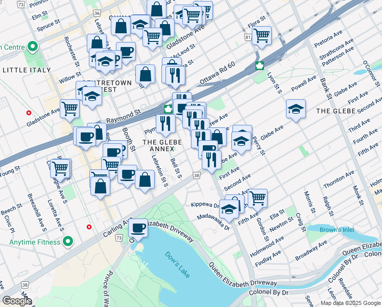 map of restaurants, bars, coffee shops, grocery stores, and more near 300 Powell Avenue in Ottawa