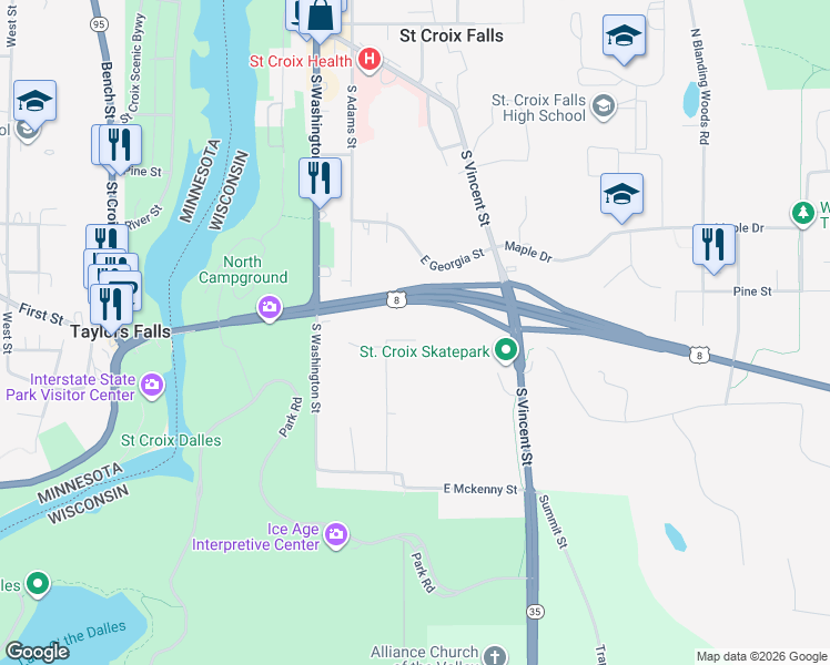 map of restaurants, bars, coffee shops, grocery stores, and more near 208 Alabama Street in Saint Croix Falls
