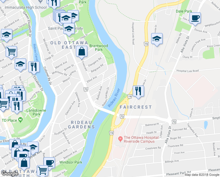 map of restaurants, bars, coffee shops, grocery stores, and more near 1875 Rideau Garden Drive in Ottawa