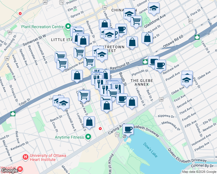 map of restaurants, bars, coffee shops, grocery stores, and more near 17 Aberdeen Street in Ottawa
