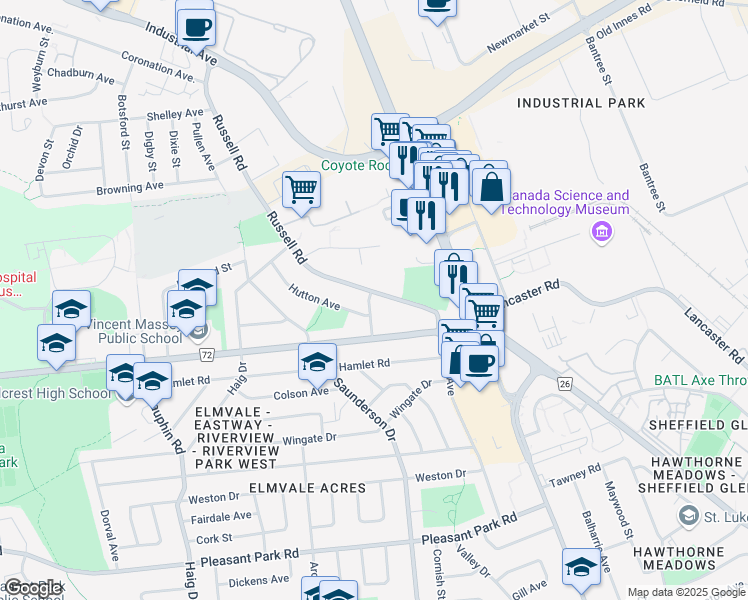 map of restaurants, bars, coffee shops, grocery stores, and more near 1755 Cuba Avenue in Ottawa