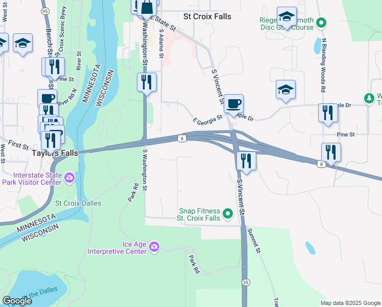 map of restaurants, bars, coffee shops, grocery stores, and more near 208 Alabama Street in Saint Croix Falls