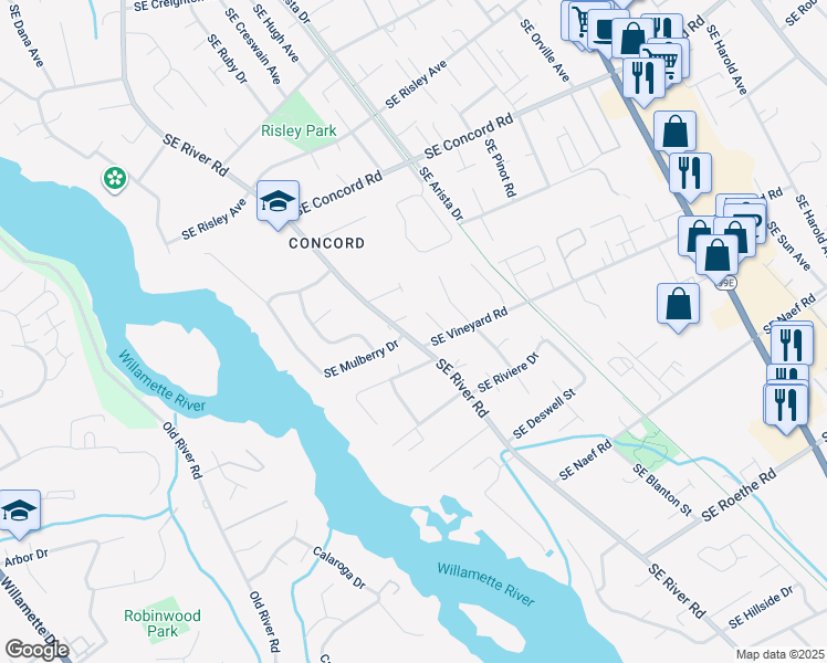 map of restaurants, bars, coffee shops, grocery stores, and more near 16722 Southeast River Road in Milwaukie