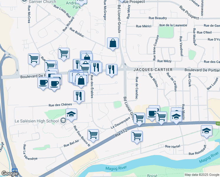 map of restaurants, bars, coffee shops, grocery stores, and more near 2820 Rue du Manoir in Sherbrooke