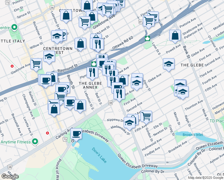 map of restaurants, bars, coffee shops, grocery stores, and more near in Ottawa