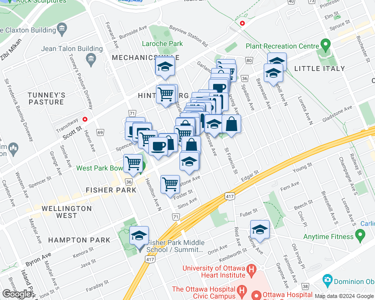 map of restaurants, bars, coffee shops, grocery stores, and more near in Ottawa
