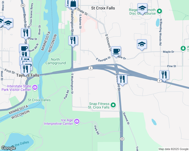 map of restaurants, bars, coffee shops, grocery stores, and more near 208 Alabama Street in Saint Croix Falls