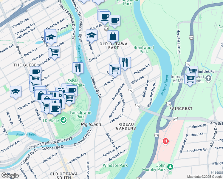 map of restaurants, bars, coffee shops, grocery stores, and more near 22 Mount Pleasant Avenue in Ottawa
