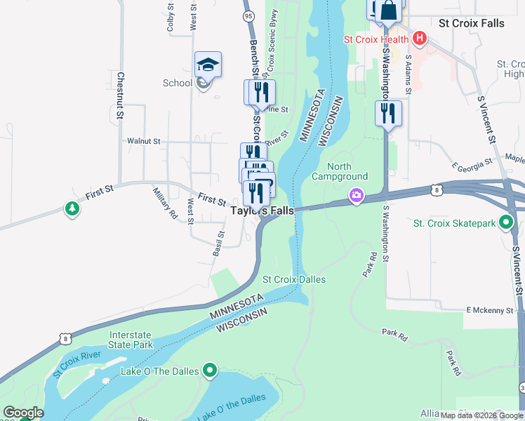 map of restaurants, bars, coffee shops, grocery stores, and more near in Taylors Falls