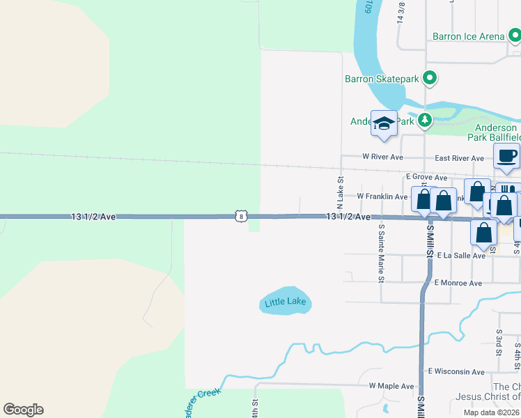 map of restaurants, bars, coffee shops, grocery stores, and more near 537 West Division Avenue in Barron
