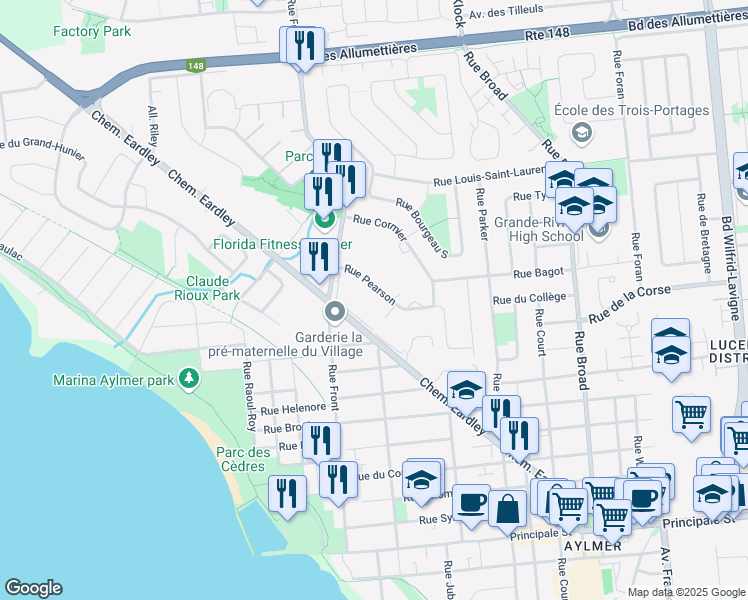 map of restaurants, bars, coffee shops, grocery stores, and more near 79 Rue Pearson in Gatineau