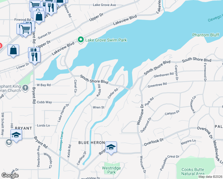 map of restaurants, bars, coffee shops, grocery stores, and more near 17171 Cedar Road in Lake Oswego