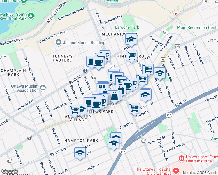 map of restaurants, bars, coffee shops, grocery stores, and more near 71 Spencer Street in Ottawa