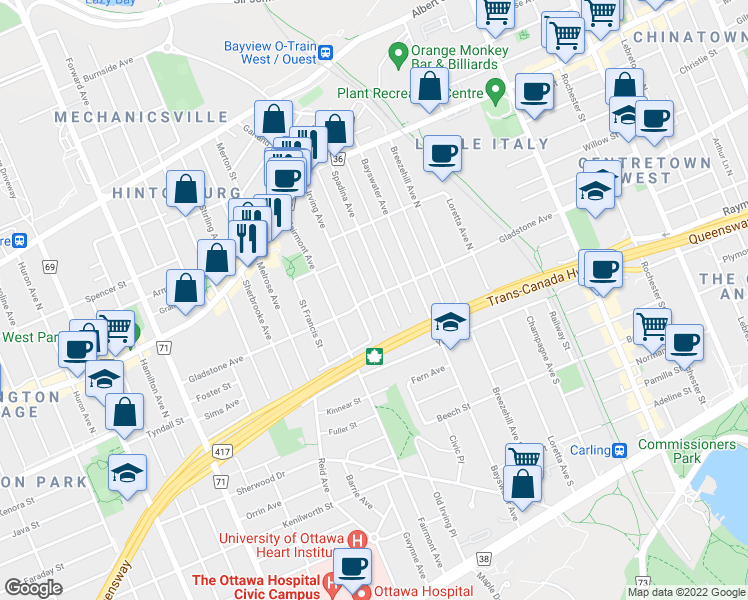 map of restaurants, bars, coffee shops, grocery stores, and more near 1040 Gladstone Avenue in Ottawa