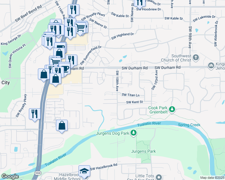 map of restaurants, bars, coffee shops, grocery stores, and more near 10827 Southwest Chateau Lane in Tigard