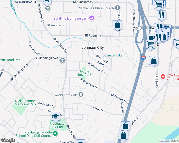 map of restaurants, bars, coffee shops, grocery stores, and more near 8021 Southeast Towhee Court in Milwaukie