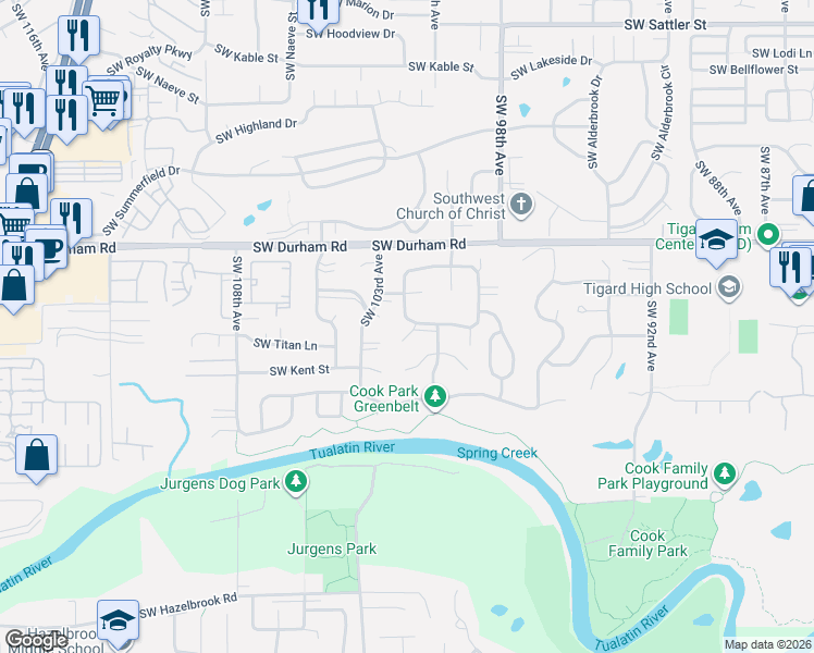 map of restaurants, bars, coffee shops, grocery stores, and more near 16315 Southwest Sylvan Court in Tigard