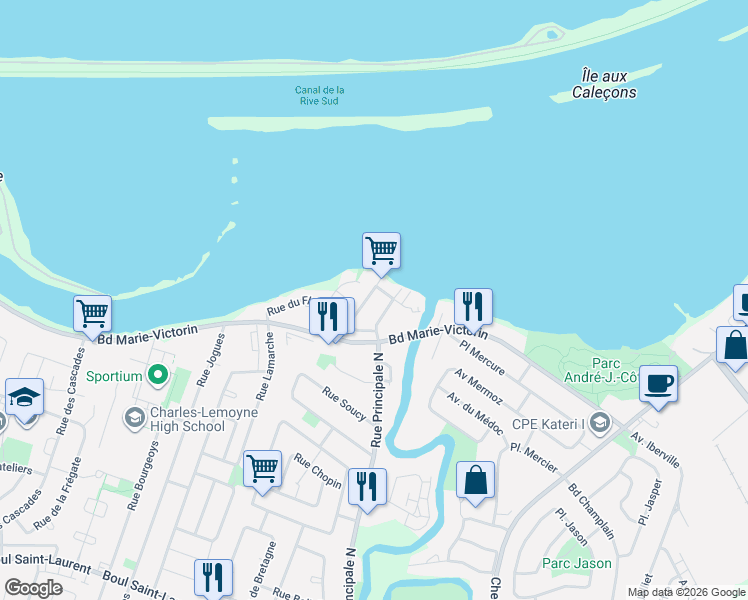 map of restaurants, bars, coffee shops, grocery stores, and more near 14 Rue Lamarche in Delson