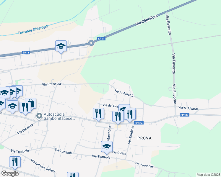 map of restaurants, bars, coffee shops, grocery stores, and more near 75/B Via Praissola in San Bonifacio