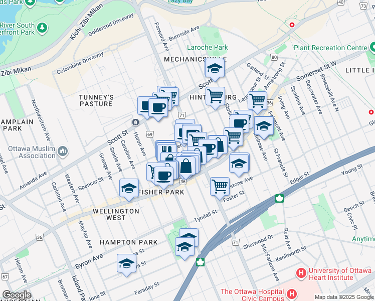 map of restaurants, bars, coffee shops, grocery stores, and more near in Ottawa
