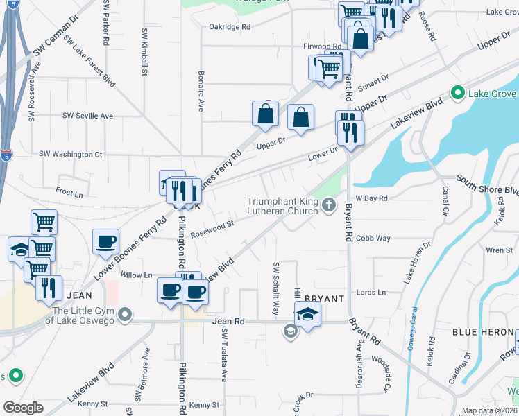 map of restaurants, bars, coffee shops, grocery stores, and more near 5027 Rosewood Street in Lake Oswego