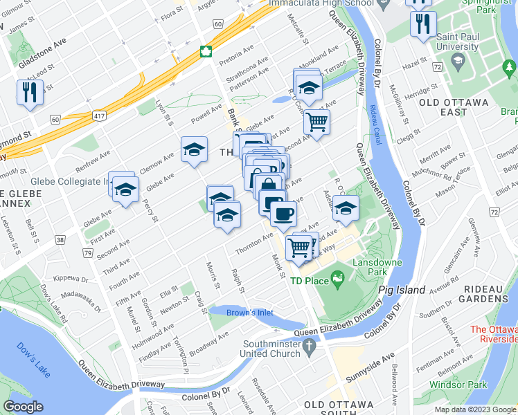 map of restaurants, bars, coffee shops, grocery stores, and more near 108 Fourth Avenue in Ottawa