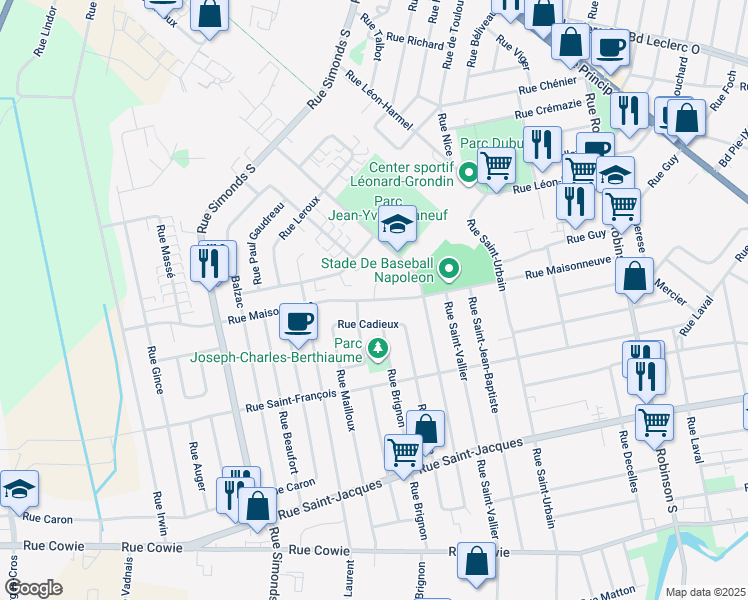 map of restaurants, bars, coffee shops, grocery stores, and more near Rue Maisonneuve in Granby