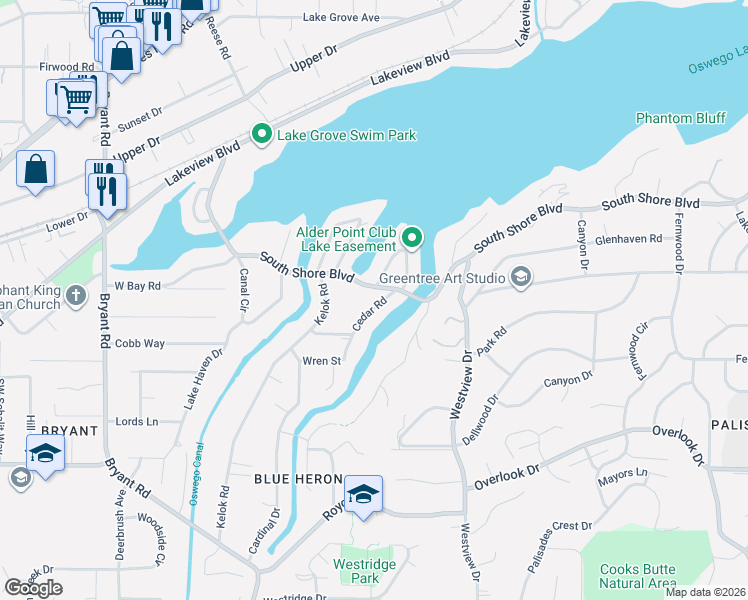 map of restaurants, bars, coffee shops, grocery stores, and more near 17167 Cedar Road in Lake Oswego