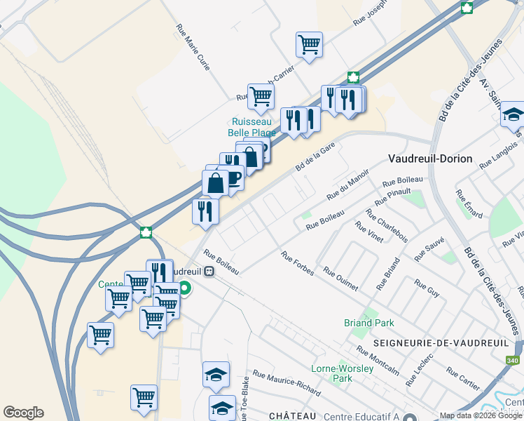 map of restaurants, bars, coffee shops, grocery stores, and more near 3151 Boulevard De La Gare in Vaudreuil-Dorion