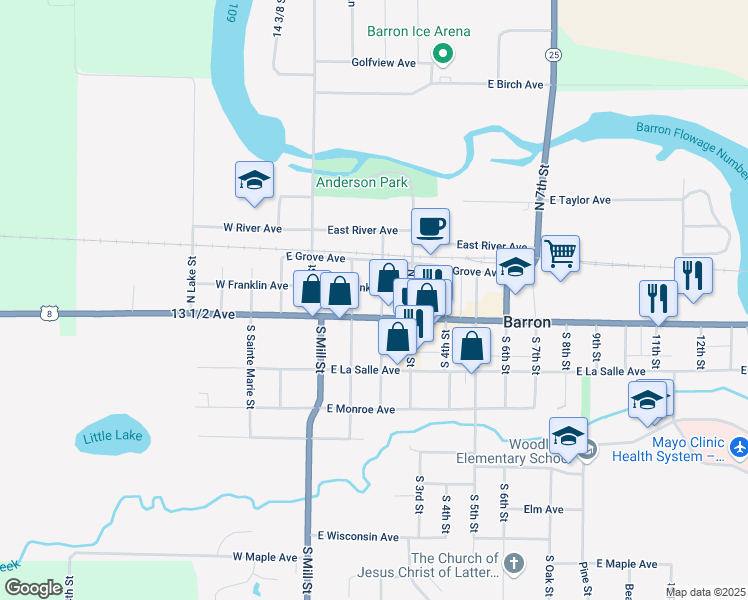 map of restaurants, bars, coffee shops, grocery stores, and more near 25 North 2nd Street in Barron