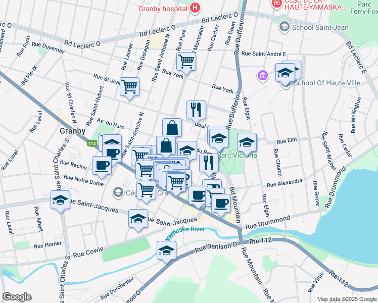 map of restaurants, bars, coffee shops, grocery stores, and more near 84 Rue Court in Granby