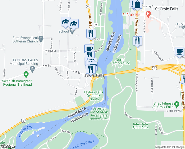 map of restaurants, bars, coffee shops, grocery stores, and more near in Taylors Falls