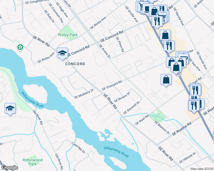 map of restaurants, bars, coffee shops, grocery stores, and more near 16730 Southeast Evergreen Lane in Milwaukie