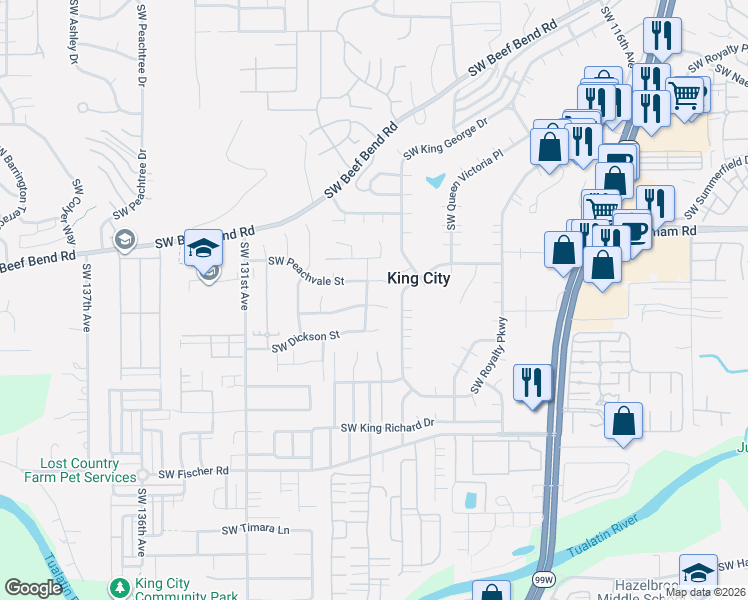 map of restaurants, bars, coffee shops, grocery stores, and more near 16296 Southwest 126th Terrace in Tigard