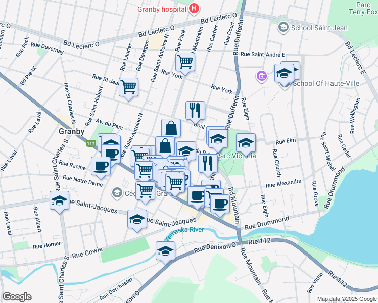 map of restaurants, bars, coffee shops, grocery stores, and more near 84 Rue Court in Granby